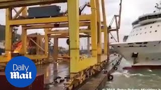 Outofcontrol ferry CRASHES into huge crane causing FIRE [upl. by Annwahs]