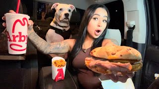 ARBYS BEEF amp CHEDDAR REVIEW WITH MY DOG HUGE BURPS [upl. by Aidnama]