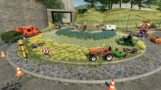 Tonte des rondspoints en utilisant des mini tondeuses et en barrant la route  Farming Simulator 22 [upl. by Lathan840]