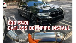 BMW 540i G30 Catless Downpipe Install [upl. by Antsirhc694]