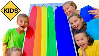 Learn English Colors Rainbow Paint Race with Sign Post Kids [upl. by Belshin]