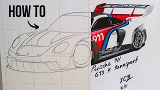 How to DRAW a PORSCHE 911 GT3 R RENNSPORT  Step by Step [upl. by Iddo]