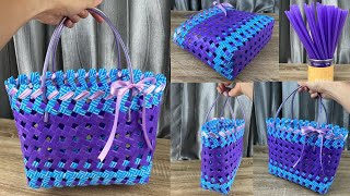 DIY Weave Bag from Plastic Straws✅✅ สานตะกร้า จากหลอดพลาสติก  สานกระเป๋าจากหลอดพลาสติก [upl. by Bovill]