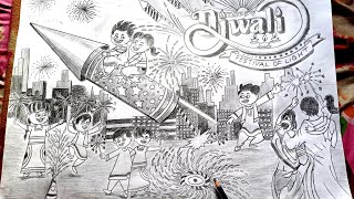 Diwali Drawing Pencil Outline Sketch  Diwali Festival Scenery Drawing Easy  Happy Diwali Drawing [upl. by Nonahs155]