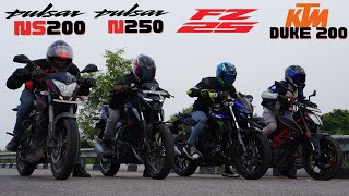 KTM Duke 250 vs Yamaha FZ25 vs Pulsar N250 vs Pulsar NS200 Drag Race [upl. by Aivatra53]