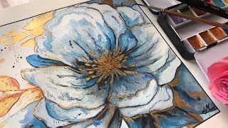 Watercolor Blue amp Gold Magnolia Paint with me [upl. by Hutchison]