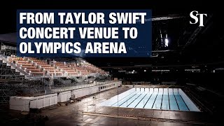 Timelapse Paris site transformed from Taylor Swift concert venue to Olympics swimming arena [upl. by Nirret]