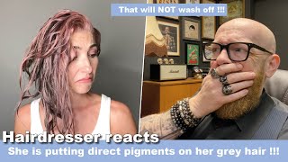 She puts Overtone on her grey hair  Hairdresser reacts to hair fails [upl. by Ahsert]