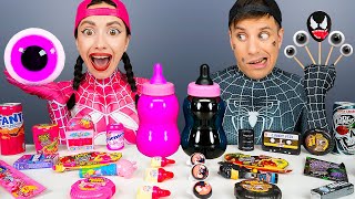 Pink Food vs Black Food Challenge 핑크 블랙 푸드 챌린지 Mukbang by HUBABANG [upl. by Onafets]