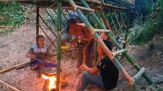 cooking fried tempeh and tofu for side dishes eating together in the middle of the wilderness [upl. by Adnilab]