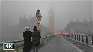 London’s Landmarks in the Fog  Misty Morning Walk from Waterloo to Buckingham Palace  4K Tour [upl. by Aehsan432]