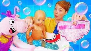 Puppen Spiele für Kinder Peppa Irene und Baby Born Spielspaß in der Badewanne [upl. by Yoral]