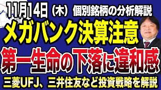 【11月14日の銘柄解説】好決算期待のメガバンクに警鐘！三菱UFJ、三井住友、みずほの共通点！第一生命の大幅下落から今後の投資戦略を解説！ [upl. by Attem489]