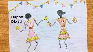 Warli Art Diwali Celebration  Diwali Celebration Drawing very easy  Happy Diwali Warli Art [upl. by Hills]