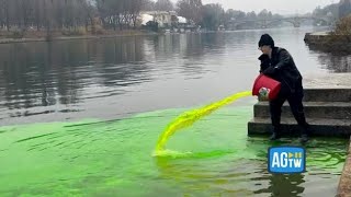 Blitz ambientalista a Torino gli attivisti tingono di verde il fiume Po [upl. by Ruthann]