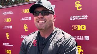 USC LB coach Matt Entz on the start of fall camp the addition of pads and progression since spring [upl. by Aztiray436]