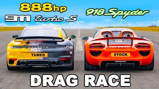 Porsche 918 Spyder v Tuned 911 Turbo S DRAG RACE [upl. by Sordnaxela]