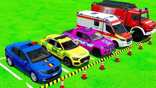 TRANSPORTING DACIA AUDI VOLSKWAGEN Q7 COLOR POLICE CARS amp AMBULANCE EMERGENCY WITH TRUCKS‼️ FS22 [upl. by Esilana]