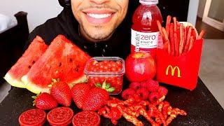 ASMR RED FOODS EDIBLE WATER BOTTLE EATING MCDONALDS FRIES HOT CHEETOS OREOS FRUITS ORBEEZ MUKBANG [upl. by Colt]