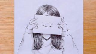 A girl hides her emotions with a smiley face emoji  Pencil Sketch  How to draw  step by step [upl. by Mailliw]