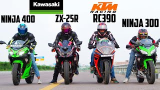 KAWASAKI ZX25R vs NINJA 300 vs NINJA 400 vs KTM RC390KAWASAKI racing team vs KTM Race Competition [upl. by Tebasile]