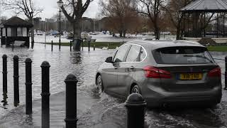 Christchurch quay Dorset Cars and flooded roads at high tide between storms Ciara and Dennis [upl. by Eanom]