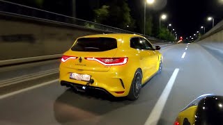 New Renault Megane RS Trophy  CRAZY EXHAUST SOUND pops amp bangs in tunnels night DRIVE [upl. by Ateinotna]