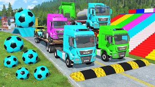 Double Flatbed Trailer Truck vs Speedbumps Train vs Cars  Tractor vs Train BeamngDrive 0195 [upl. by Adai]