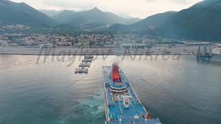 Igoumenitsa Greece Large ferry moored for unloading at the port of Igoumenitsa Stable Aerial [upl. by Hillinck]