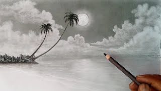 Easy landscape scenery drawing with pencil step by step Pencil drawing moon light beach scenery [upl. by Babbie]