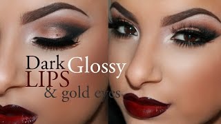 Dark Glossy Lips amp Gold Eyes Tutorial  Makeup By Leyla [upl. by Einattirb785]