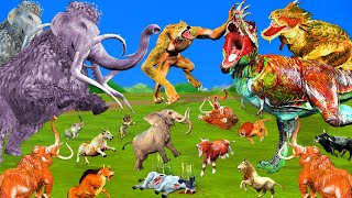 Tyrannosaurus Rex Columbian Mammoth Fight Cow Cartoon Buffalo Woolly Mammoth Prehistoric Animals [upl. by Ecyar870]