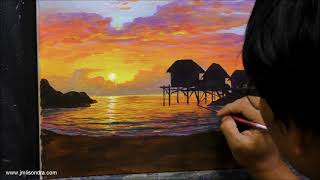 Acrylic Landscape Painting in Timelapse  Floating Houses on Tropical Sunset  JMLisondra [upl. by Ileek43]