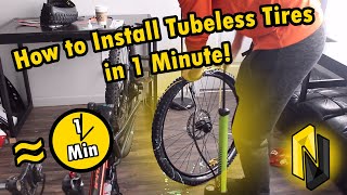 How to Install Tubeless Mountain Bike Tires in One Minute [upl. by Aisyle838]