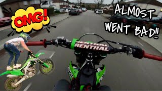 DIRTBIKE RIDER ALMOST WHEELIES INTO CAR KX450F [upl. by Aitam678]