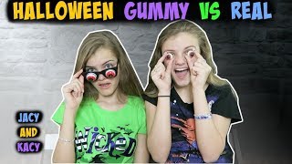 Halloween Gummy vs Real Challenge  Jacy and Kacy [upl. by Nomyar]