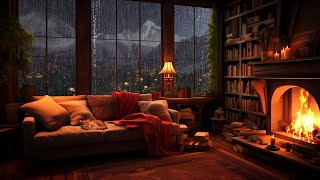 Rainy Night on Window with Crackling Fireplace amp Wind Sounds for Sleep [upl. by Shirline]