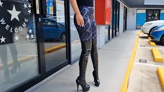 Georgia Reviews Pleaser DELIGHT3000 Shiny Black 6 Inch Thigh High Platform Boots with Walking [upl. by Arzed]