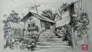 How To Draw and Shade Old Wooden Houses With Pencil [upl. by Clarie]