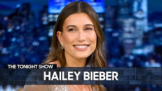 Hailey Bieber Talks Justin Bieber Hannah Montana and Her SkinCare Line Rhode  The Tonight Show [upl. by Enyala572]