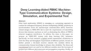 Deep Learning Aided FBMC Machine Type Communication Systems Design Simulation and Experimental Te [upl. by Dnalyram55]