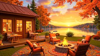 Gentle Autumn Jazz for Work 🍁 Lakeside Café Shop with Fireplace Sounds in the Tranquil Autumn Forest [upl. by Gerkman651]