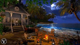 Cozy Beach House  Night Ambience  Campfire Ocean Waves amp Tropical Nature Sounds [upl. by Iney175]