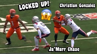 Christian Gonzalez ‘LOCKED UP’ Ja’Marr Chase 🥵 WR Vs CB Bengals Vs Patriots 2024 highlights [upl. by Edmond985]