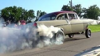 Awesome Burnout  Supercharged 1956 Chevy Gasser Wright City MO Rod Run [upl. by Zantos]