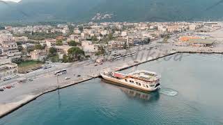 Igoumenitsa Greece Lefkimmi Lines ferry unloads in the port at the pier Stable Aerial View P [upl. by Pressey]