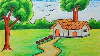 Beautiful Indian village scenery drawing  How to a village scenery  Prakritik drishya drawing [upl. by Pietrek926]