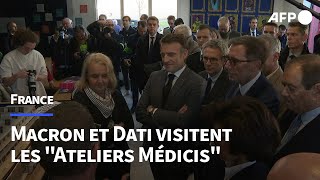 Macron et Dati visitent les quotAteliers Médicisquot lieu culturel en SeineSaintDenis  AFP Images [upl. by Sherilyn230]