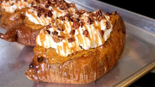 Twice baked Sweet Potatoes  Baked sweet potatoes with whipped cream pecans and caramel on top [upl. by Llechtim]