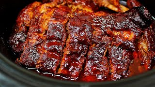 Super Easy Slow Cooker Ribs  Fall Off The Bone BBQ Ribs Recipe [upl. by Ahsieyk]